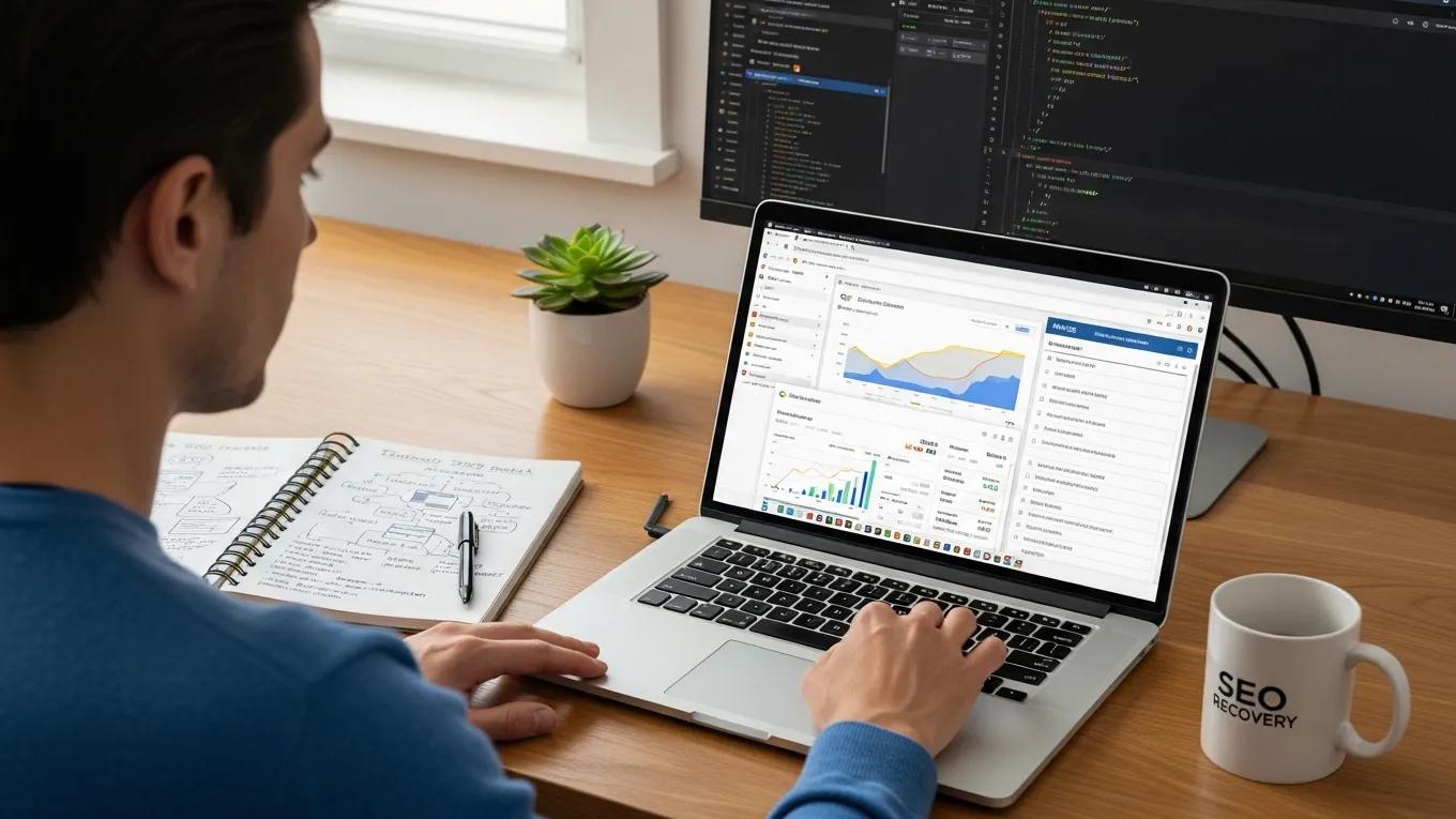 Person conducting an SEO audit with tools and checklists on a laptop