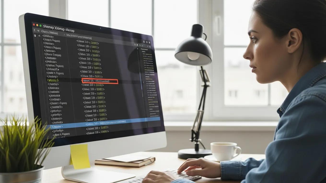 Person creating an XML sitemap on a computer, emphasizing best practices for SEO optimization