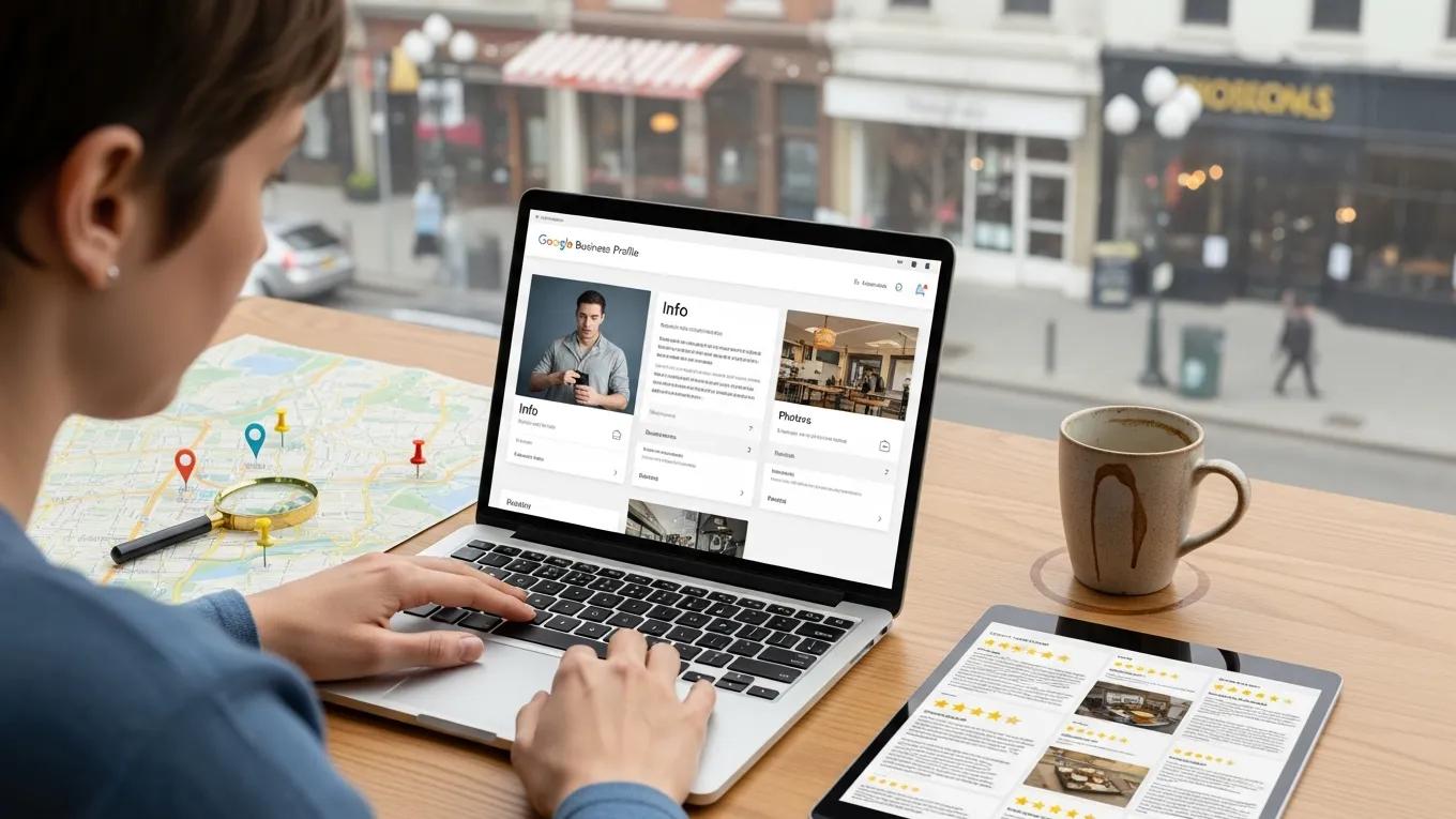 Person optimizing Google Business Profile with local business elements like maps and reviews