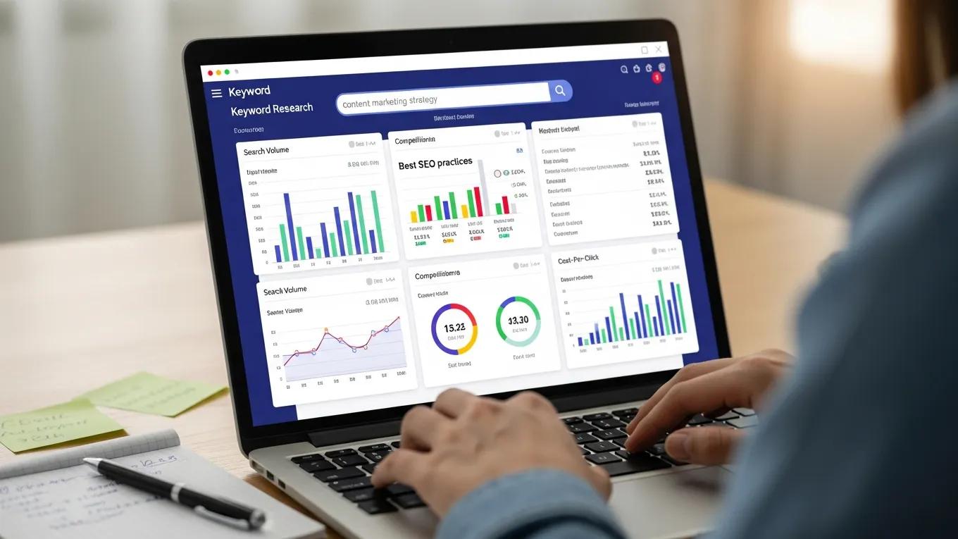 Person using a keyword research tool on a laptop with metrics displayed