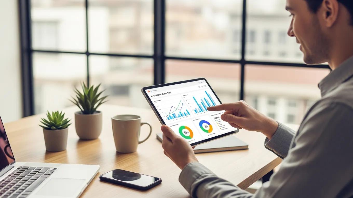 Person using an AI-driven website audit tool on a tablet with data visualizations