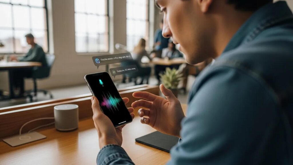 Person using smartphone with voice assistant in a modern setting