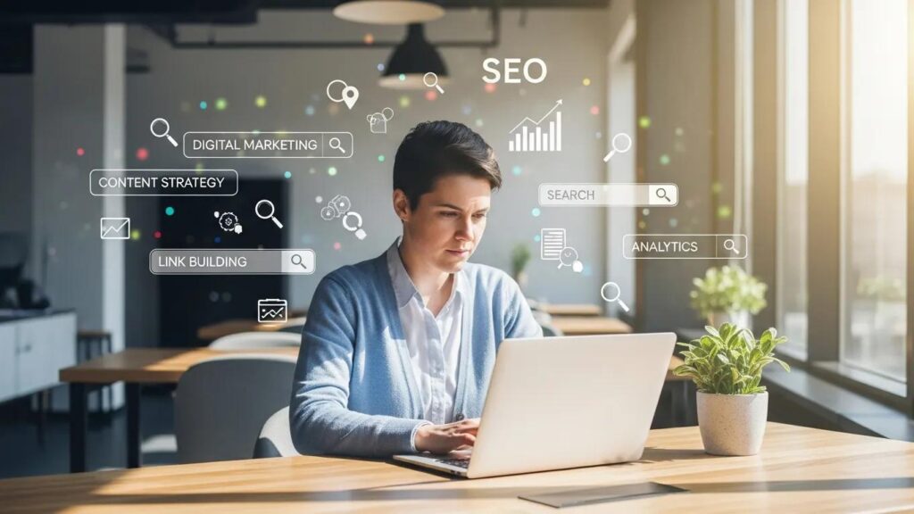 Person working on a laptop in a modern office, symbolizing effective keyword placement for SEO
