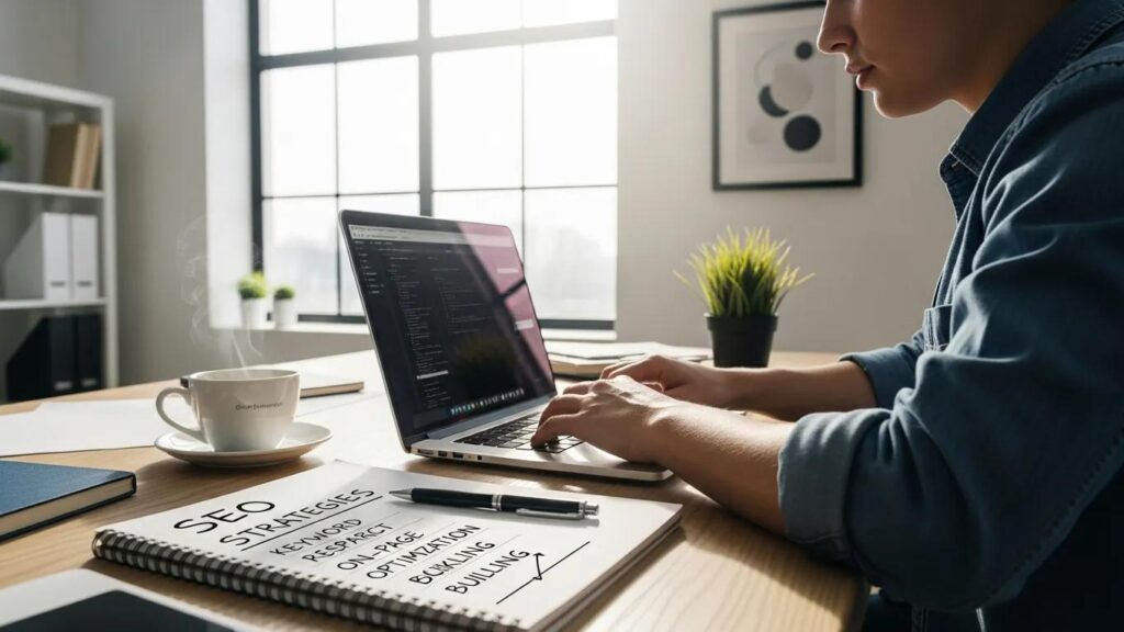 Person working on a laptop in a modern workspace focused on website building and SEO strategies