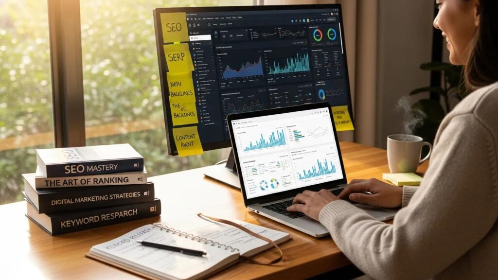 Person working on SEO content writing in a cozy workspace with books and notes