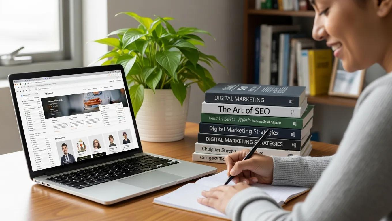 Person writing SEO strategies with a laptop showing a well-structured website and marketing books
