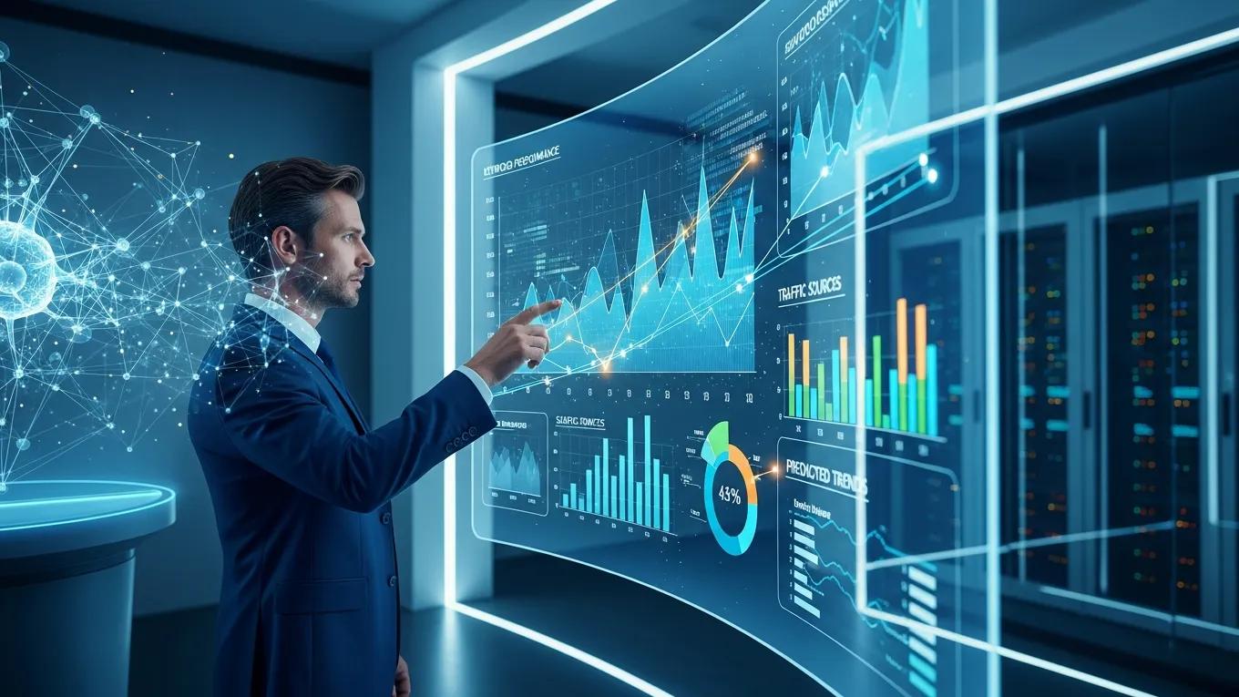 Professional analyzing predictive analytics data for SEO keyword forecasting