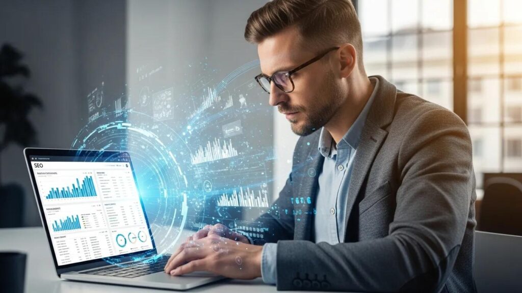 Professional analyzing SEO metrics on a laptop in a modern office setting