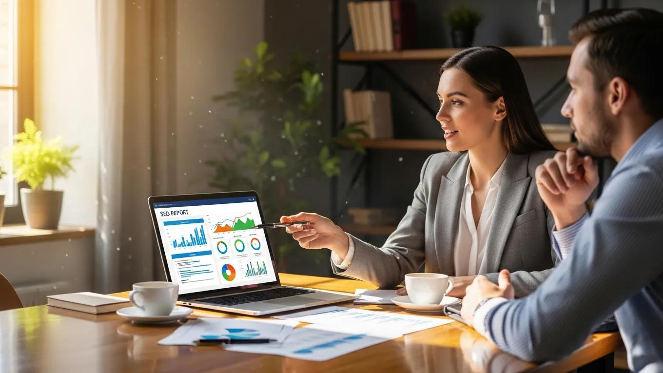 Professional presenting a client-friendly SEO report in a collaborative office setting