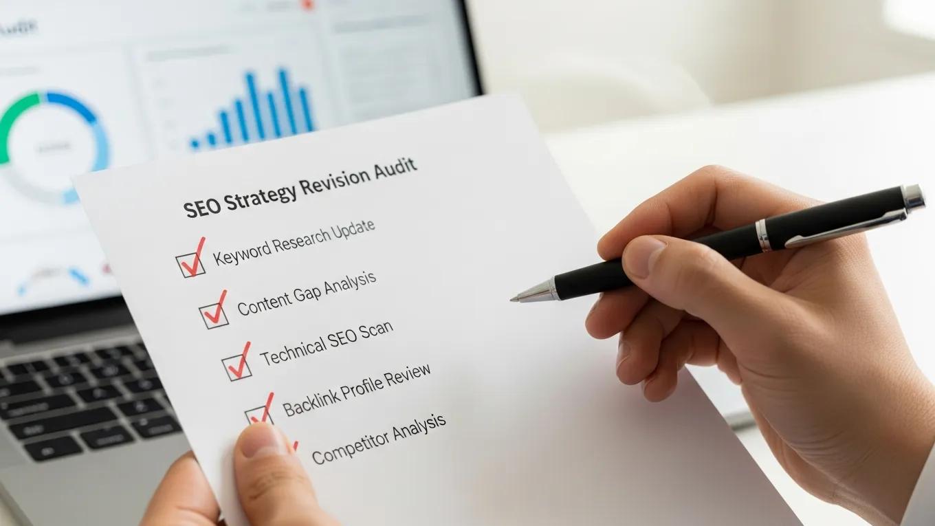 Professional reviewing a checklist for SEO audit and revision practices