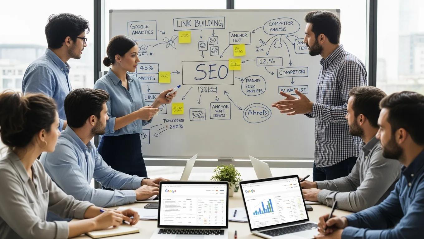 Professionals collaborating on link building strategies in a modern office setting
