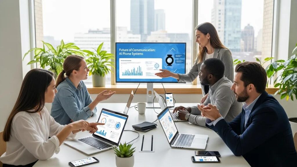 Professionals discussing AI phone systems in a modern office setting