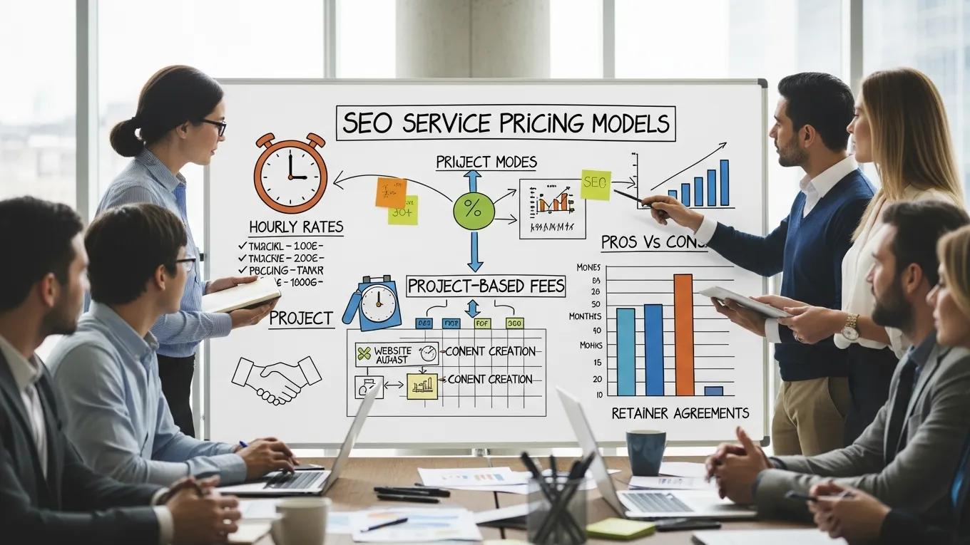 Professionals discussing SEO service pricing models in a modern office