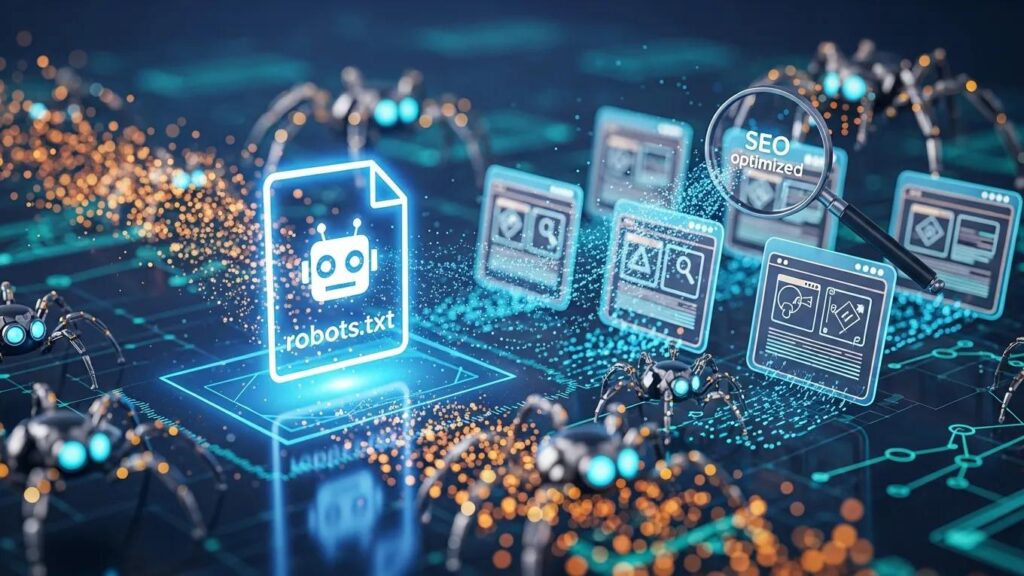 Robots.txt file icon in a digital landscape representing SEO optimization and website management