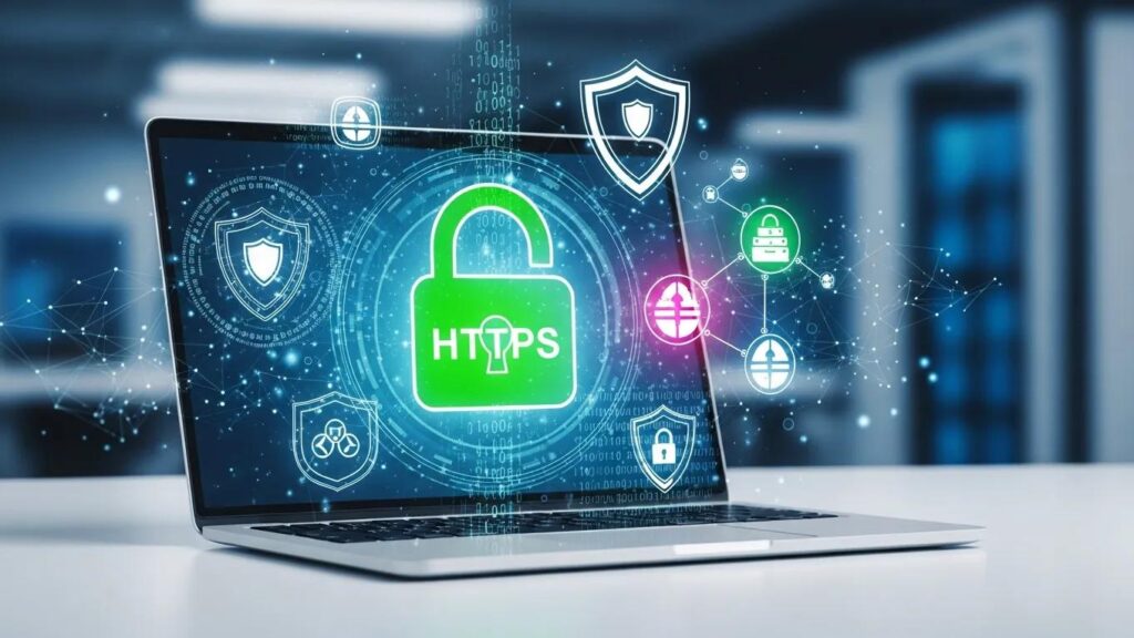 Secure website environment with a laptop displaying a padlock symbol, emphasizing HTTPS security