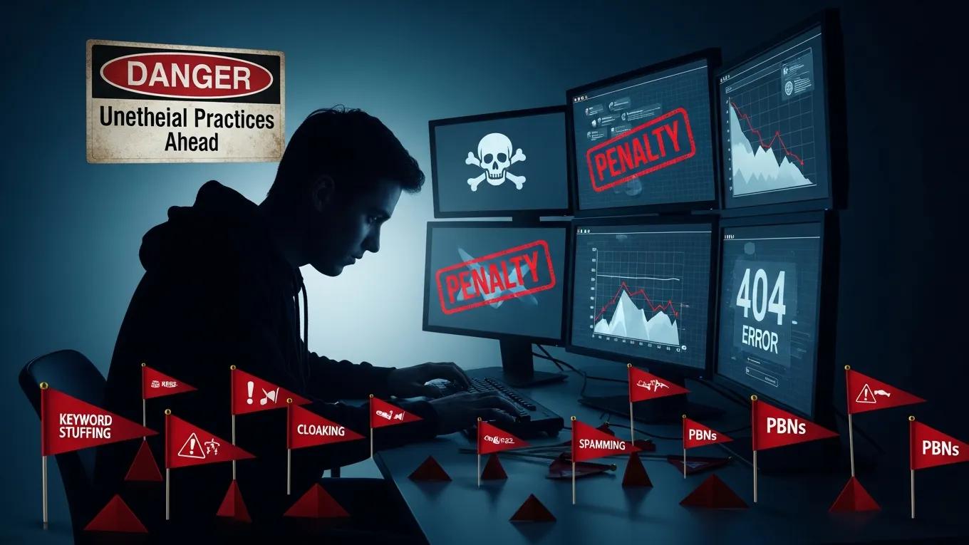 Shadowy figure at a computer surrounded by warning signs representing black hat SEO risks