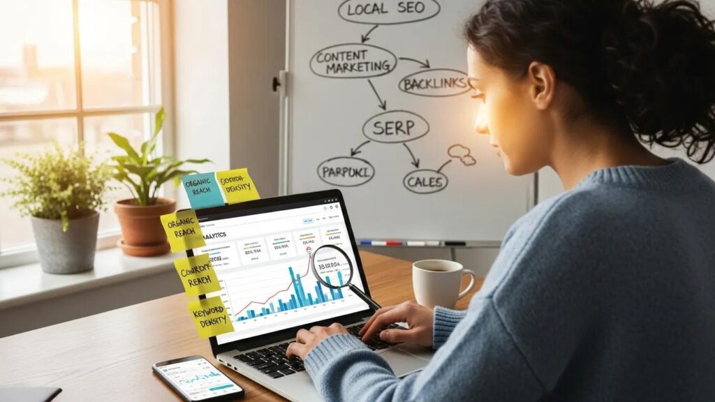 Small business owner analyzing SEO tools on a laptop in a cozy workspace