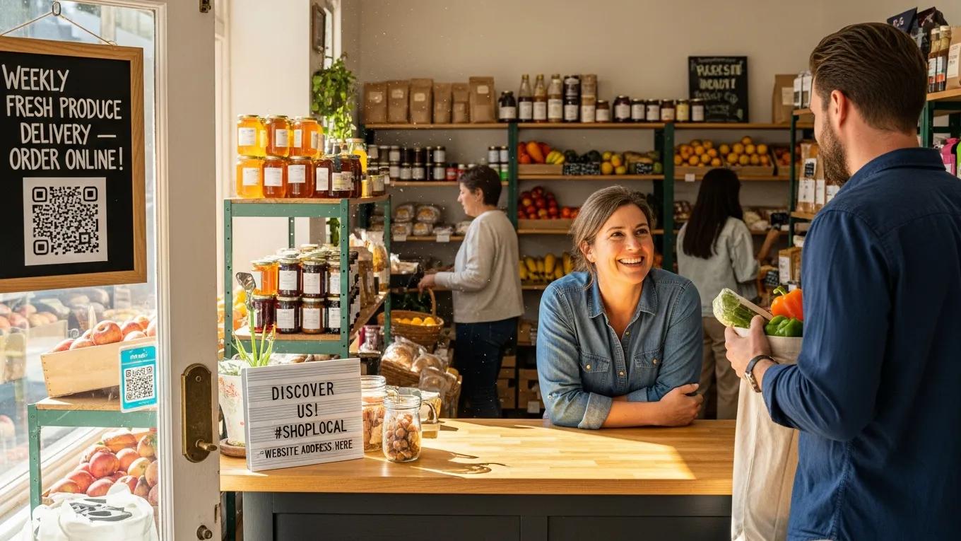 Small business owner engaging with customers in a local shop, emphasizing local SEO importance