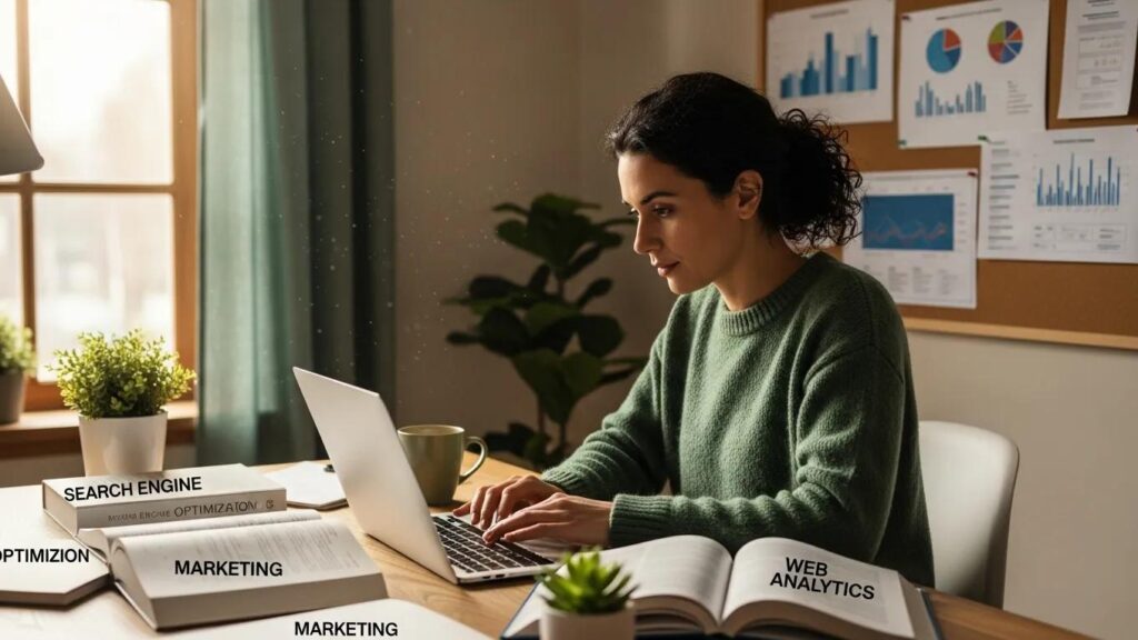 Small business owner working on SEO strategies in a cozy office