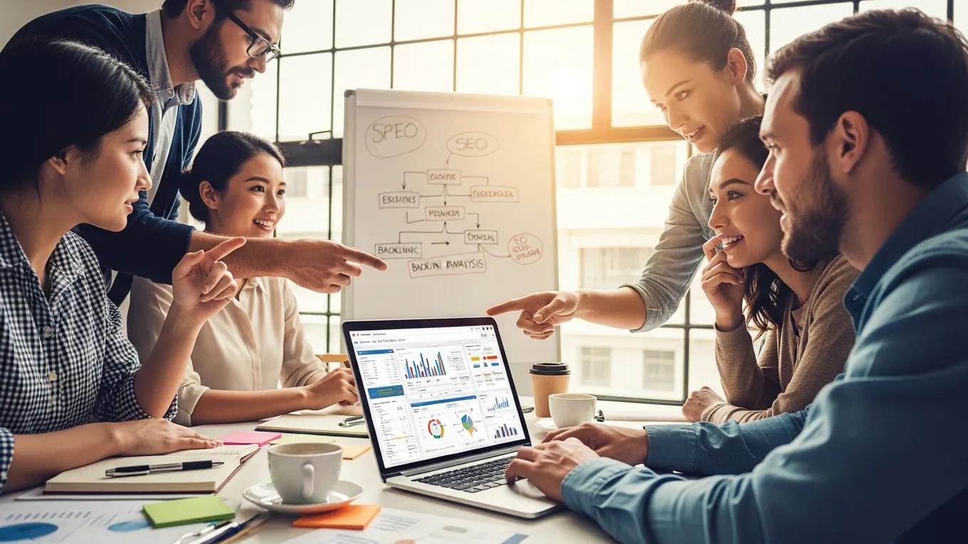 Small business team collaborating on backlink analysis strategies