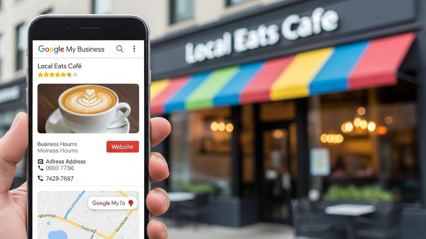 Smartphone displaying optimized Google My Business profile with local storefront in background