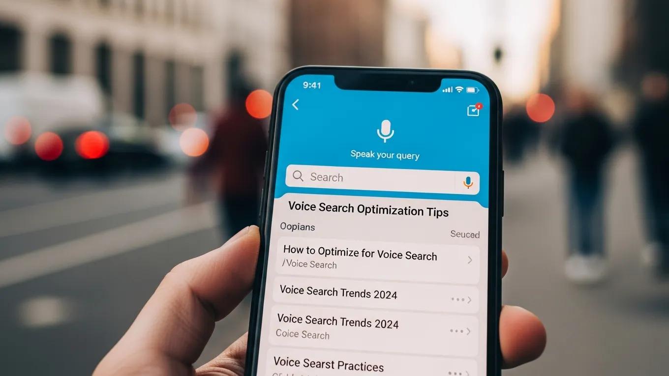 Smartphone displaying voice search results in an urban environment