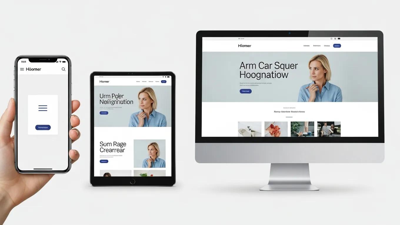 Split-screen view of a responsive website on smartphone, tablet, and desktop