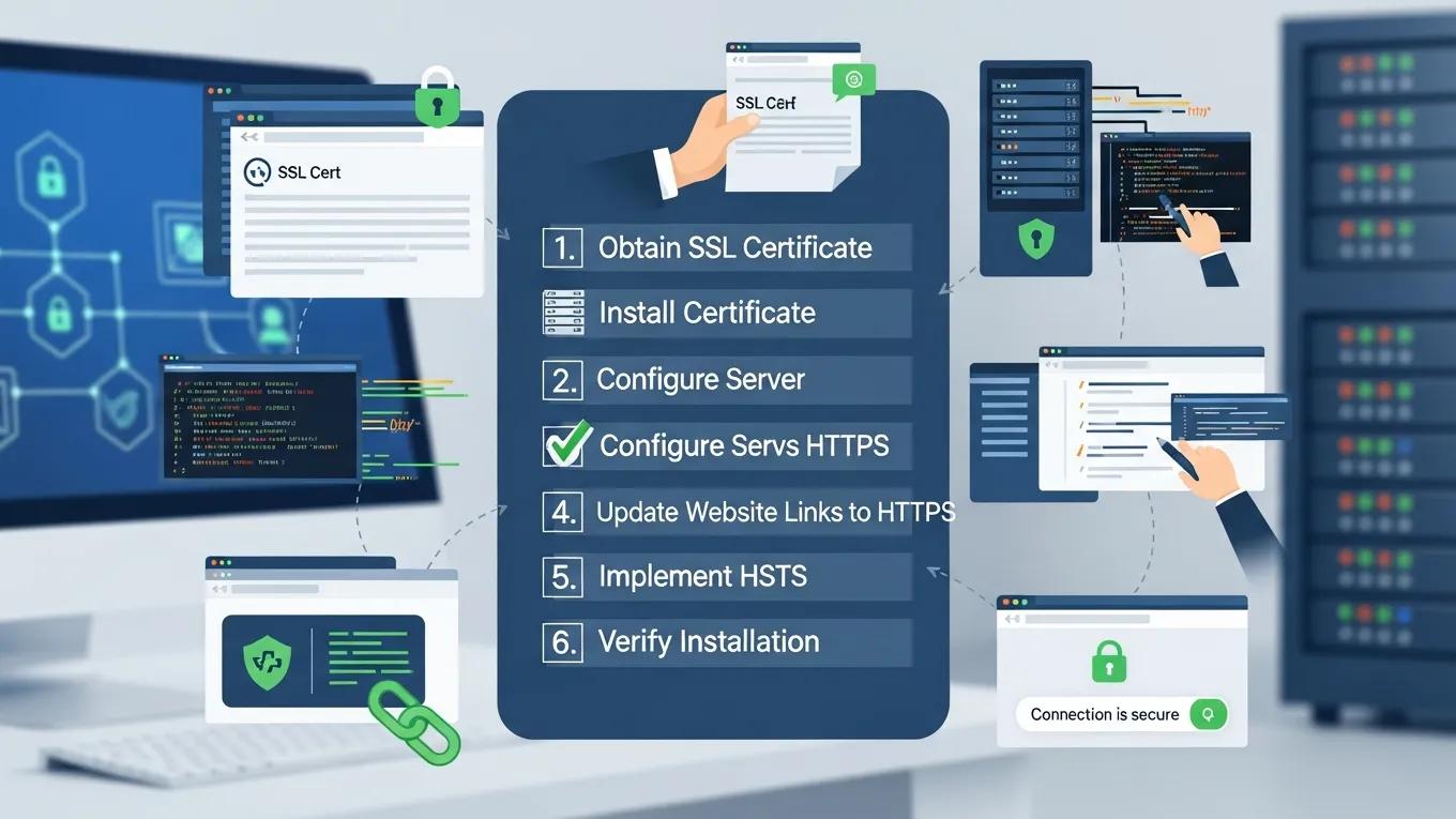 Step-by-step guide for implementing HTTPS, highlighting SSL certificate acquisition and installation