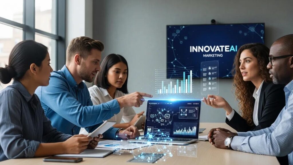 Team collaborating on AI marketing strategies for lead generation