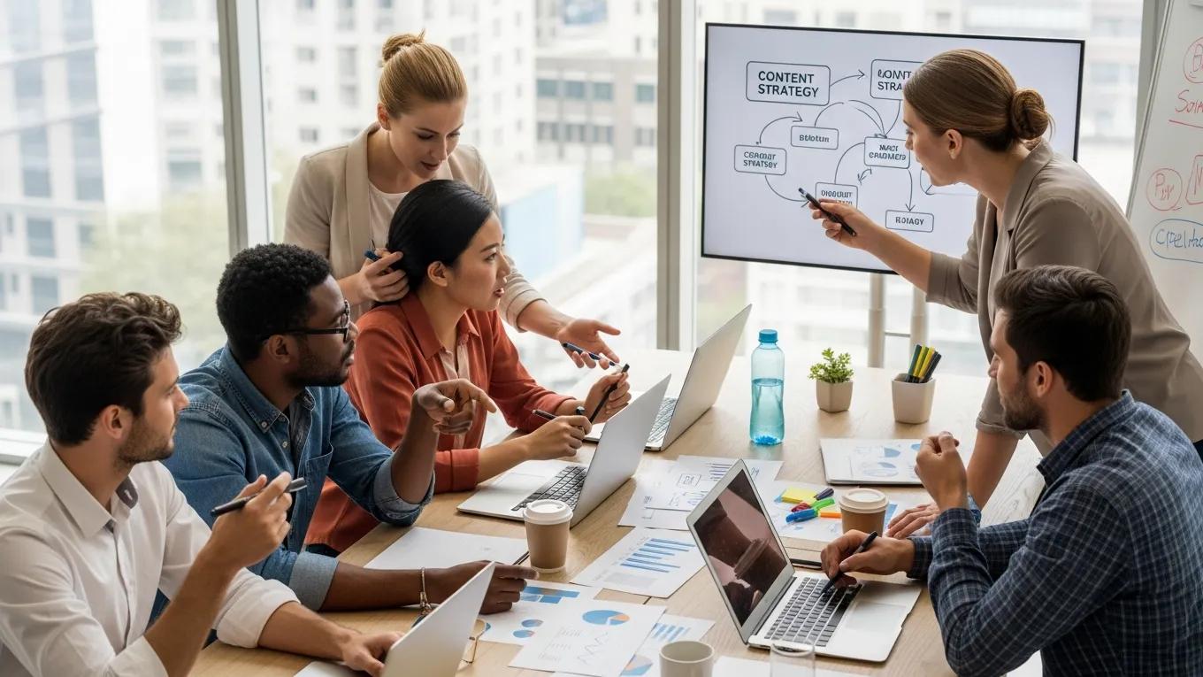 Team collaborating on content optimization strategies in a modern office
