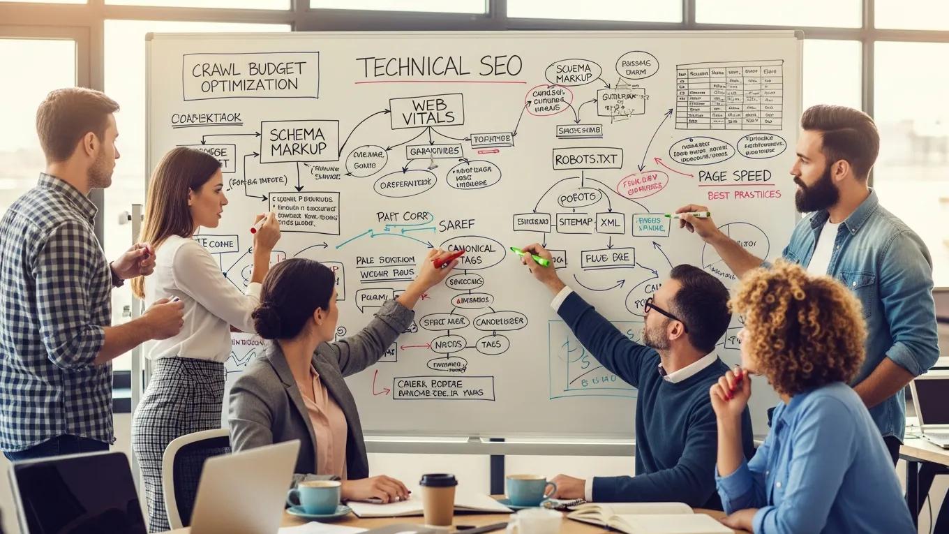Team collaborating on technical SEO strategies at a whiteboard