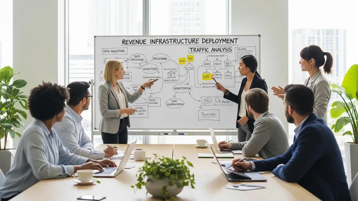 Team meeting discussing revenue infrastructure deployment using traffic analysis tools, highlighting collaborative strategy
