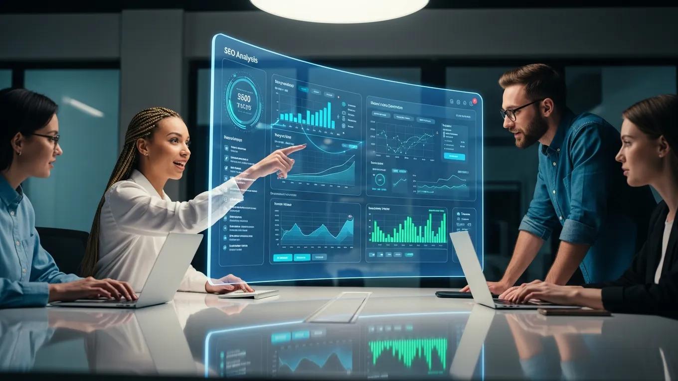 Team of digital marketers collaborating over an AI-powered SEO analysis dashboard