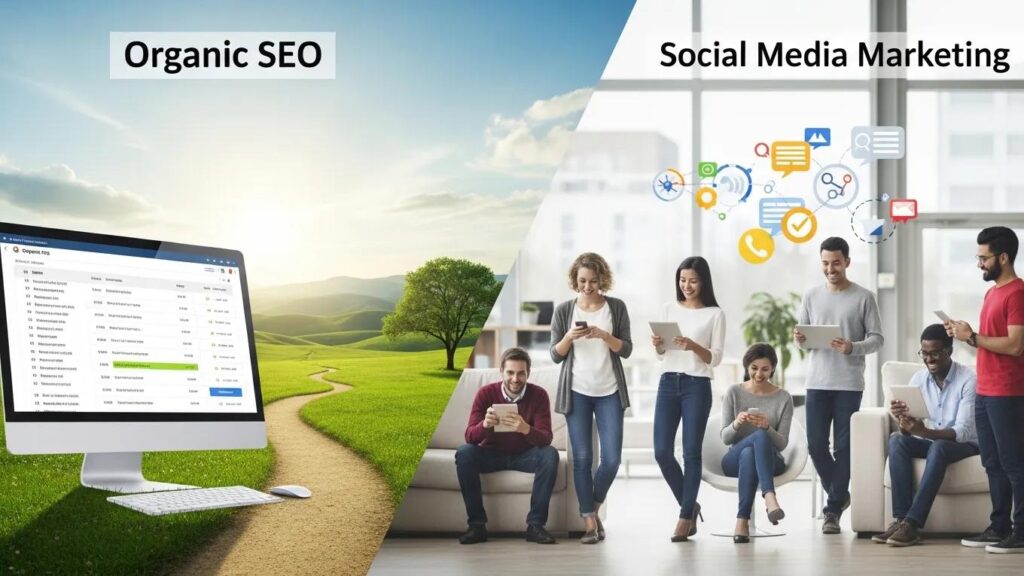 Visual comparison of organic SEO growth and social media marketing engagement