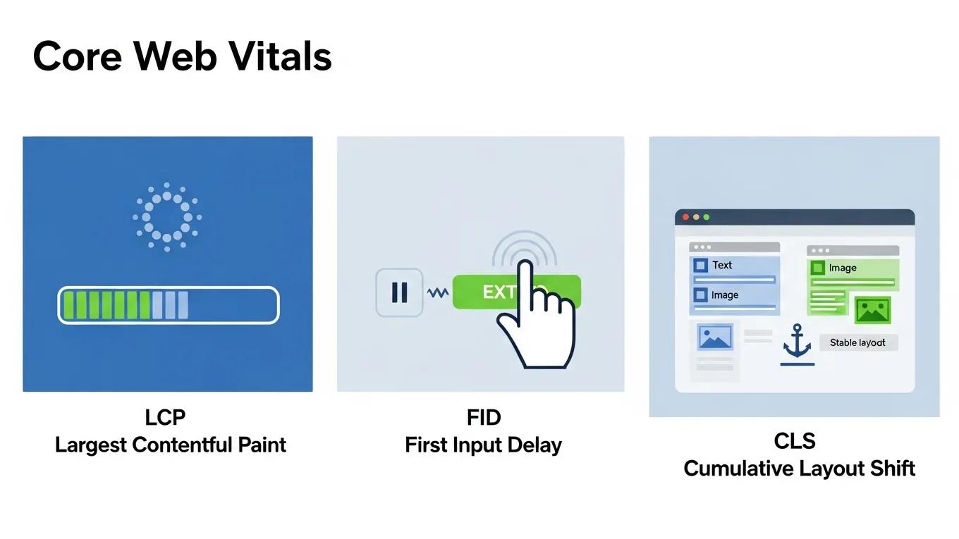 Visual representation of Core Web Vitals metrics: LCP, FID, and CLS, emphasizing their role in user experience