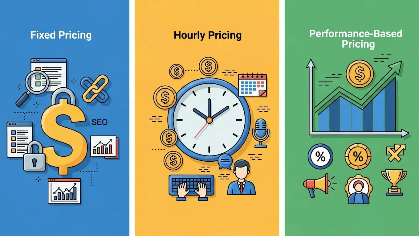 Visual representation of different SEO pricing strategies including fixed, hourly, and performance-based