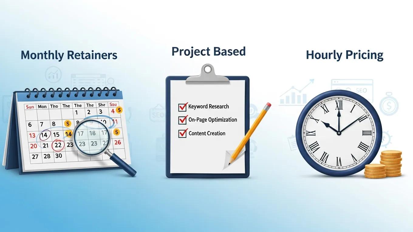 Visual representation of monthly retainers, project-based, and hourly SEO pricing models