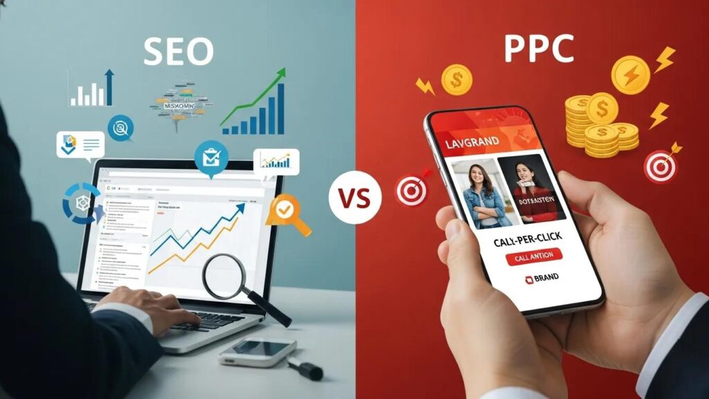 Visual representation of SEO and PPC strategies in digital marketing