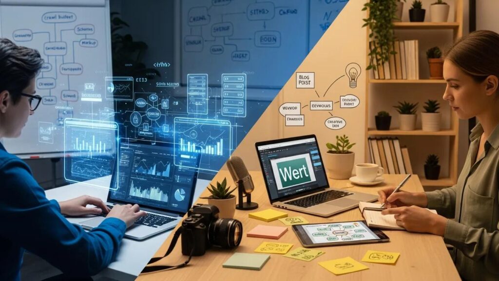 Visual representation of technical SEO and content marketing strategies with a focus on website performance and content creation