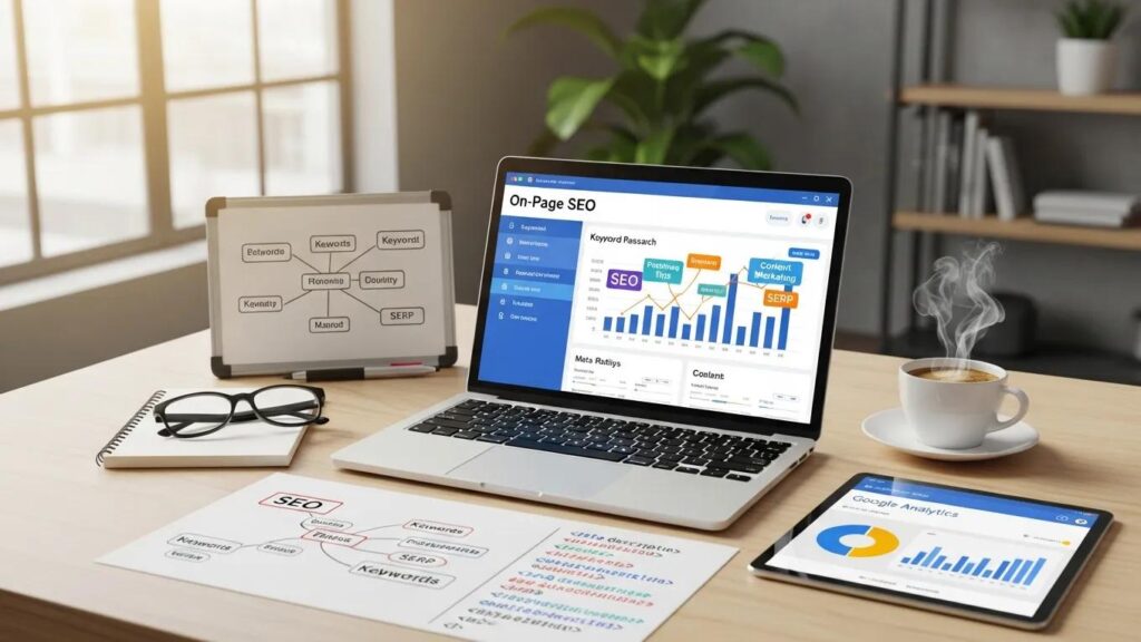 Workspace with laptop showing SEO tools and elements related to on-page SEO techniques
