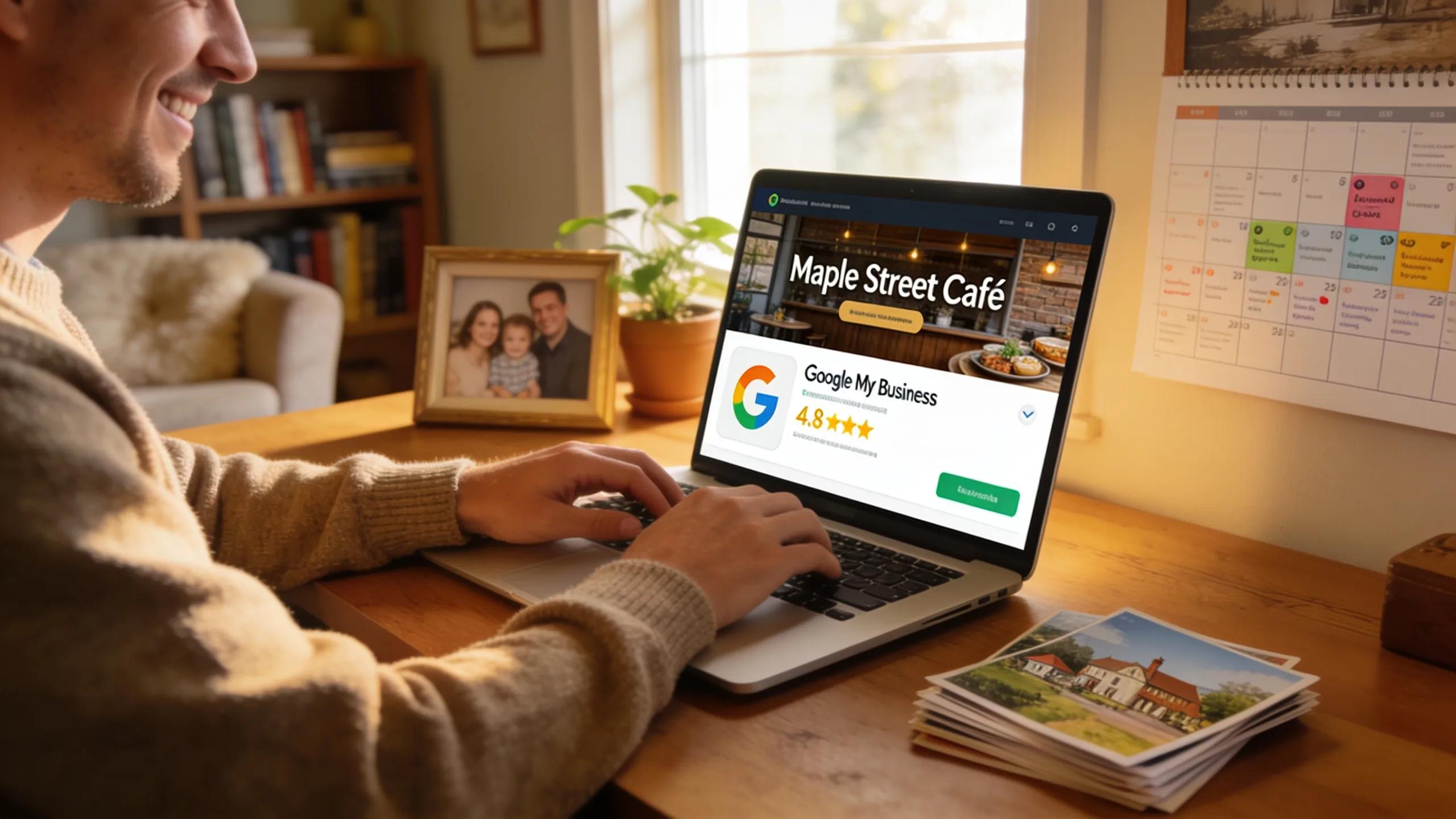 Business owner managing Google My Business profile in a home office setting, highlighting local SEO strategies