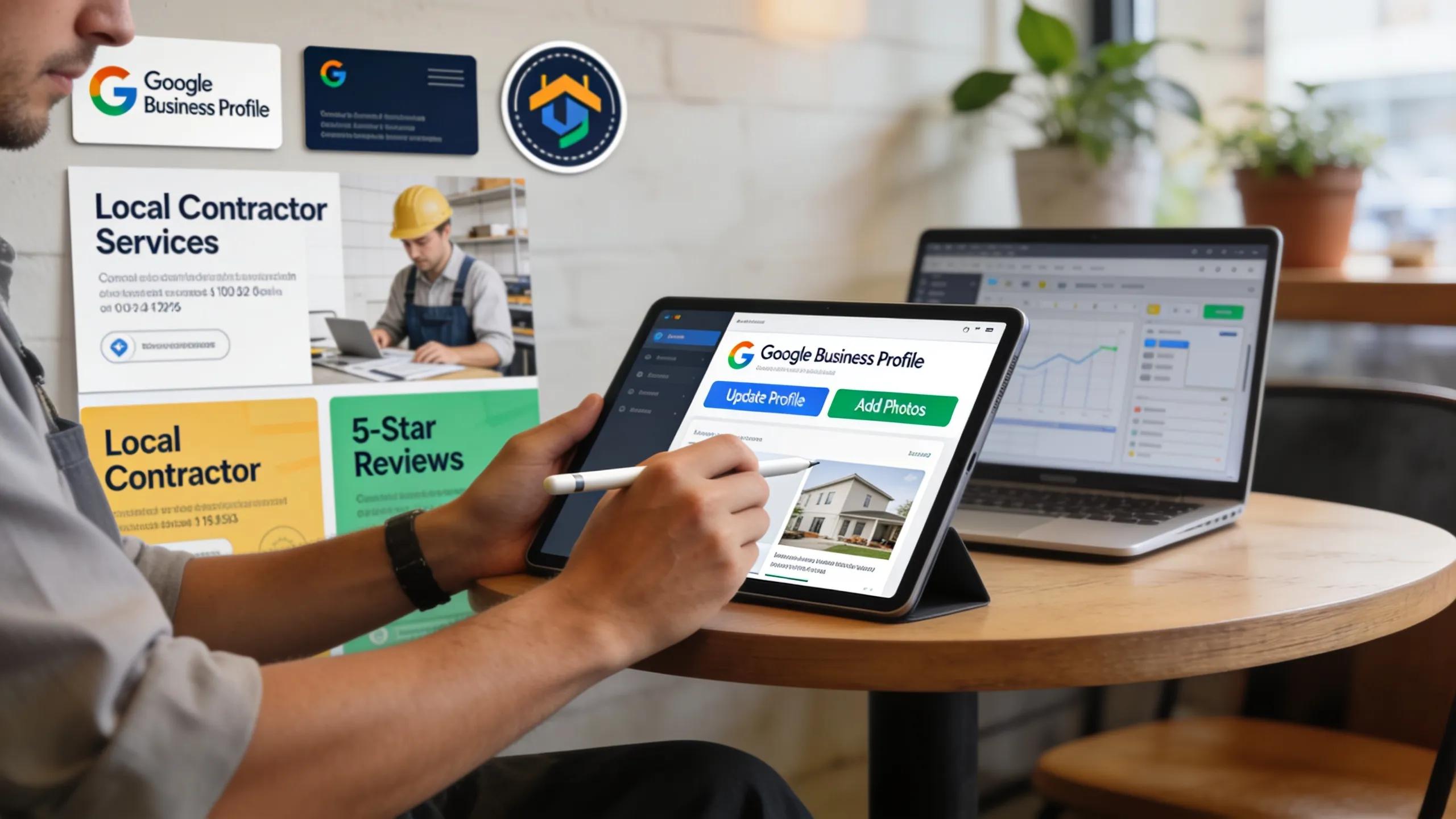 Contractor updating Google Business Profile at a café, enhancing local visibility for lead generation