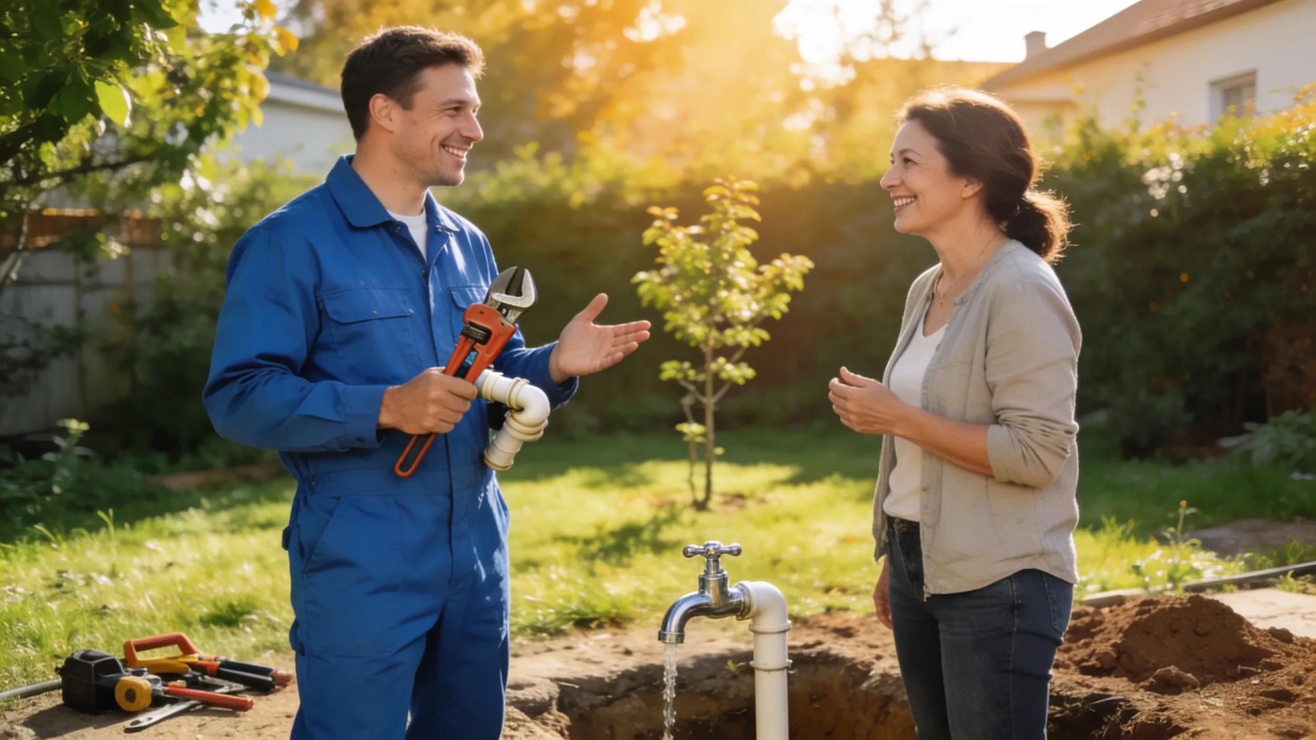 Plumber interacting with a satisfied customer at a job site, illustrating effective marketing tactics in plumbing