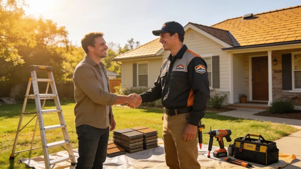 Roofing contractor engaging with a customer in front of a home, highlighting customer acquisition