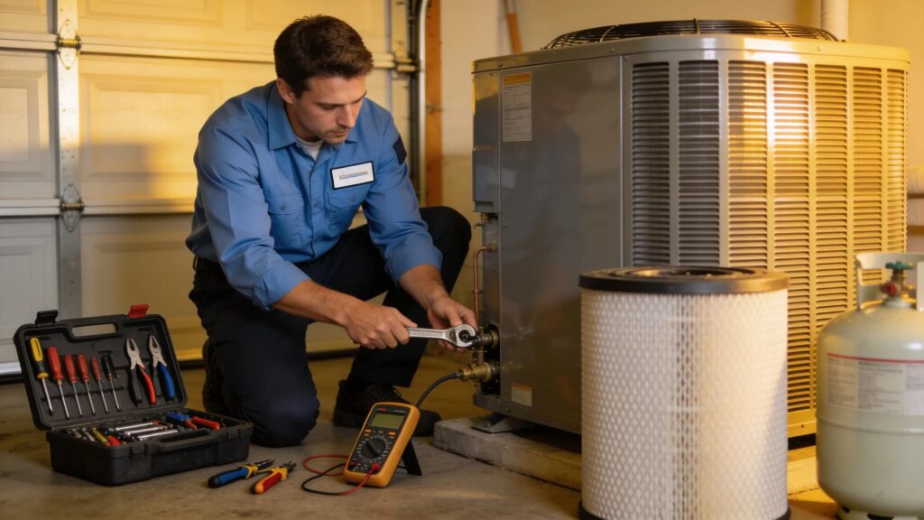 HVAC technician working on installation at a home, showcasing professional service and quality workmanship