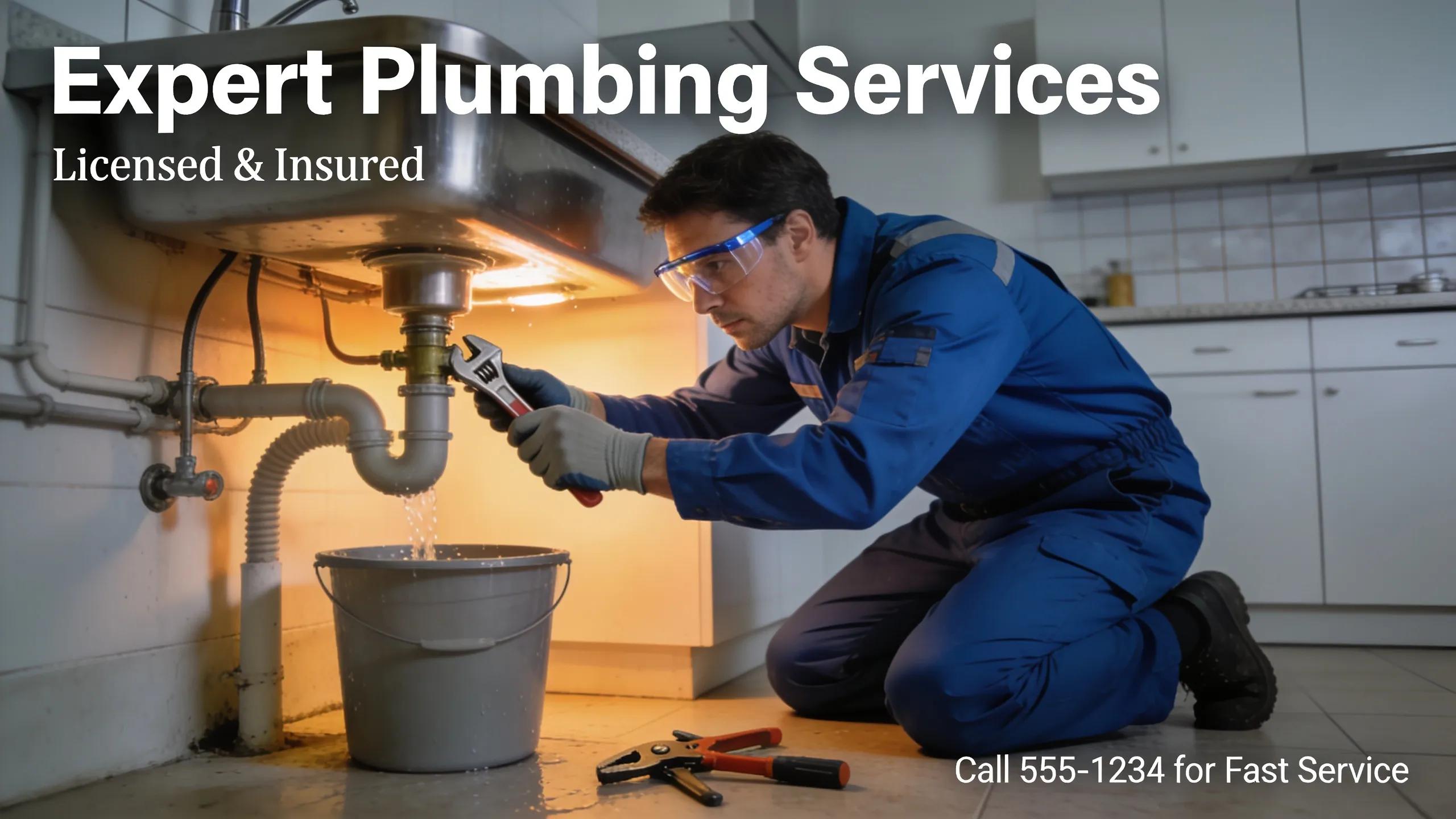 Plumber repairing kitchen sink plumbing, showcasing expertise in plumbing services