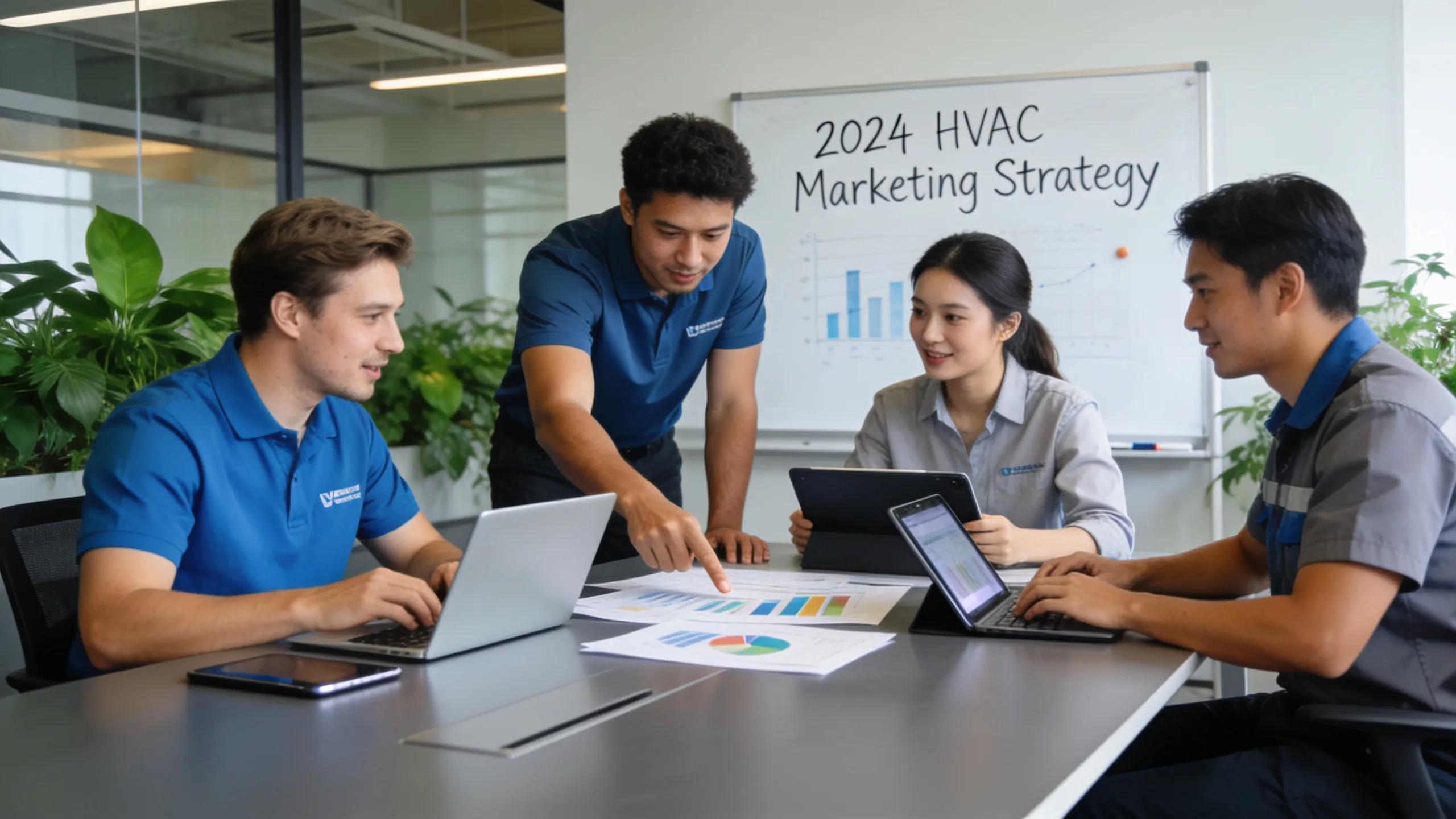 HVAC marketing team collaborating in a modern office, emphasizing strategic planning for effective lead generation