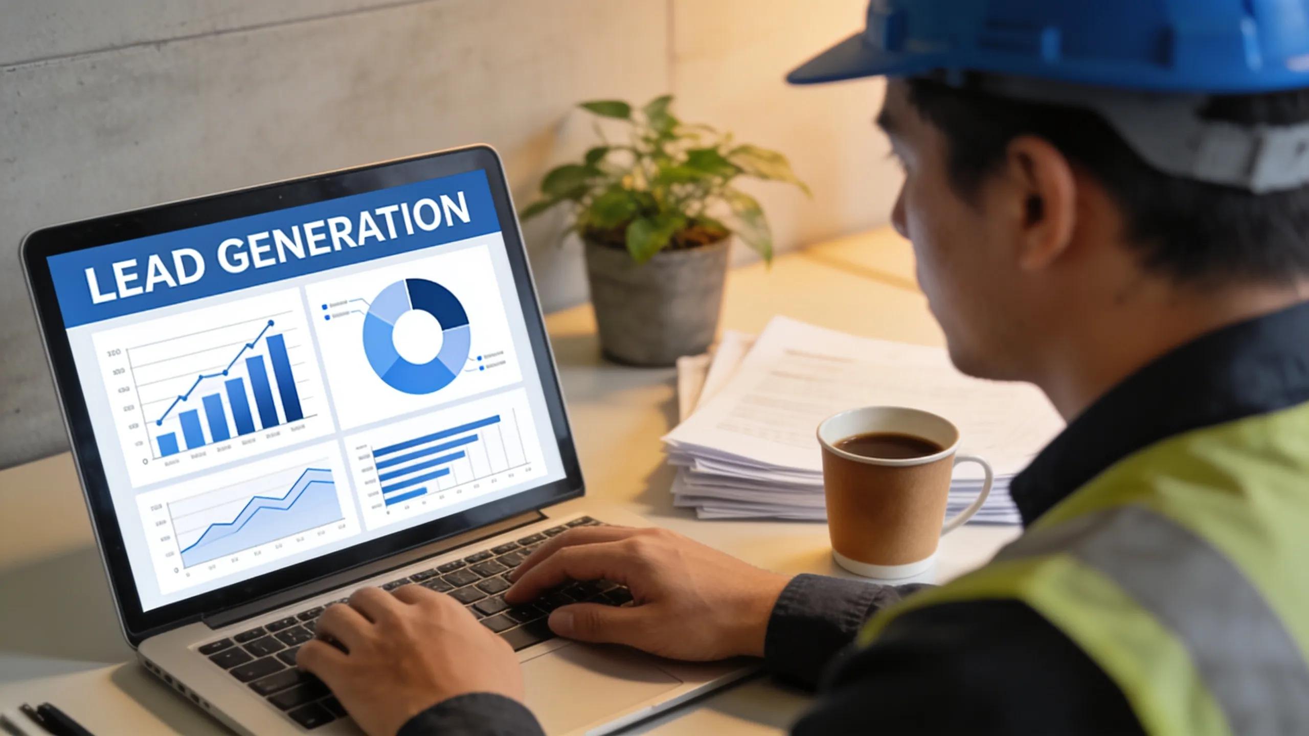 Contractor analyzing lead generation strategies on a laptop in an office setting