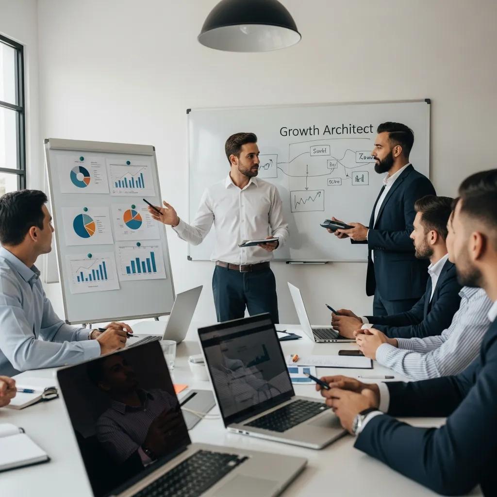 Business meeting between a Growth Architect and Marketing Agency team discussing strategies for business growth