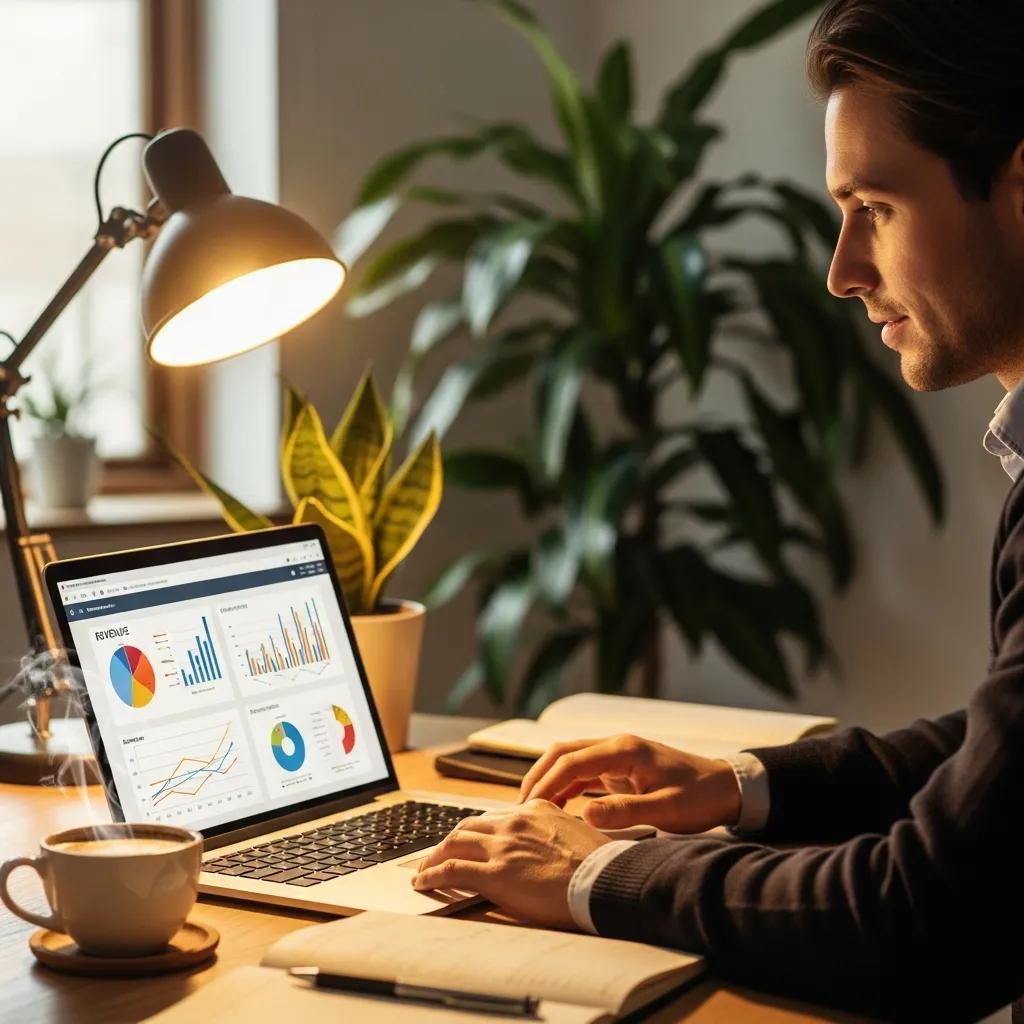 Business professional analyzing revenue data in a cozy office setting